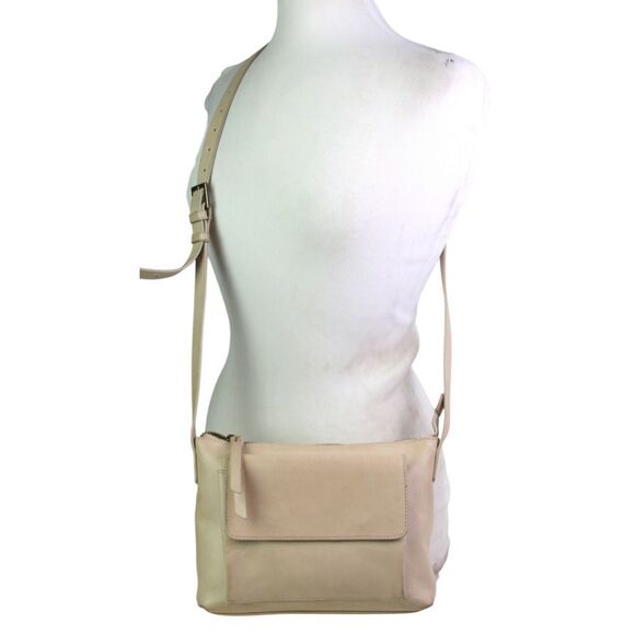 ABLE BRAZIL BEIGE REAL LEATHER ZIP TOP X-BODY PURSE SHOULDER BAG HANDBAG - Picture 1 of 16